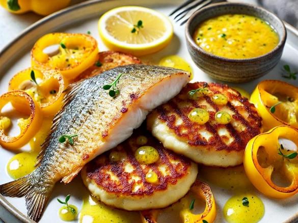 Kotlety jaglane z cukinią, panga na parze z papryką oraz sosem cytrynowo-imbirowym