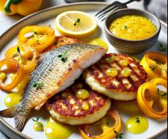 Kotlety jaglane z cukinią, panga na parze z papryką oraz sosem cytrynowo-imbirowym