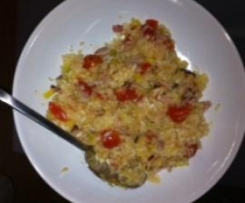 risotto z boczkiem, porem i pomidorkami